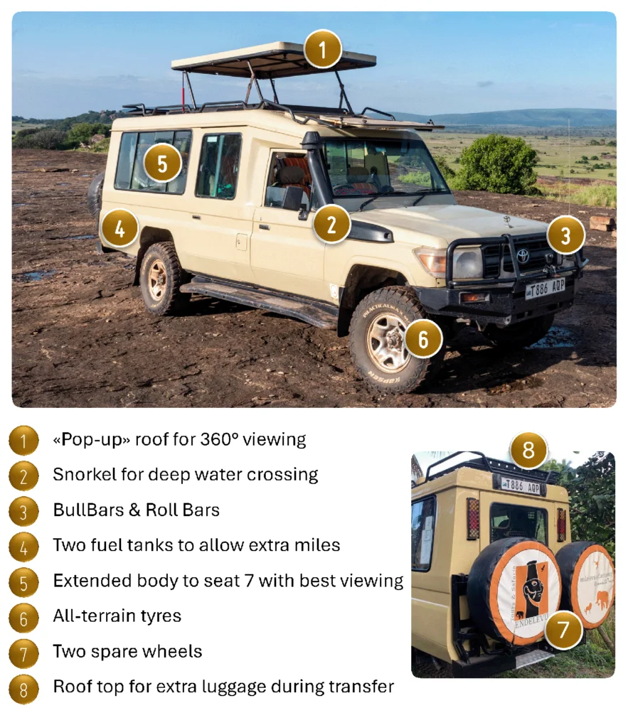 Safari extended landcruiser is fully equipped for best safari experience